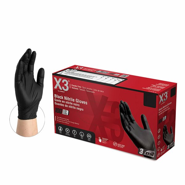 X3 BX3, Nitrile Disposable Gloves, 3 mil Palm, Nitrile, Powder-Free, XL, 1000 PK, Black BX348100
